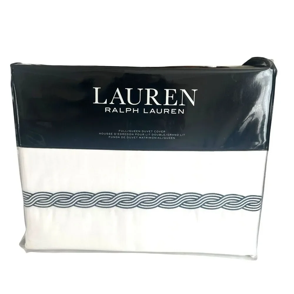 Ralph Lauren Spencer Cable Embroidered Queen Duvet Cover White Navy Cotton NEW